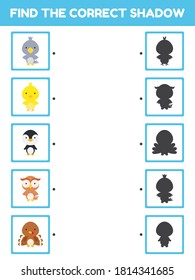 Game template find correct shadow. Matching game for children with cute cartoon bids. Kids activity page for book. Education developing worksheet. Logical thinking training. Vector illustration.