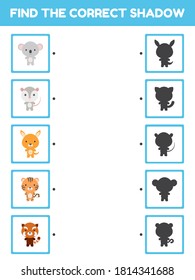 Game template find correct shadow. Matching game for children with cute cartoon animals. Kids activity page for book. Education developing worksheet. Logical thinking training. Vector illustration.