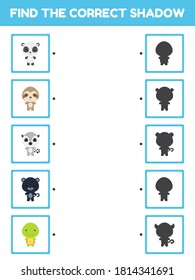 Game template find correct shadow. Matching game for children with cute cartoon animals. Kids activity page for book. Education developing worksheet. Logical thinking training. Vector illustration.