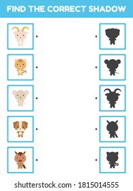 Game template find correct shadow. Matching game for children with cute cartoon animals. Kids activity page for book. Education developing worksheet. Logical thinking training. Vector illustration.