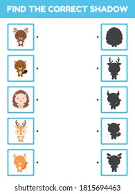 Game template find correct shadow. Matching game for children with forest cartoon animals. Kids activity page for book. Education developing worksheet. Logical thinking training. Vector illustration.