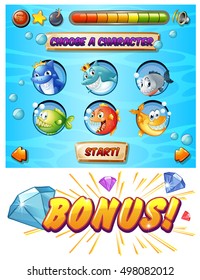 Game template with fish and shark characters illustration