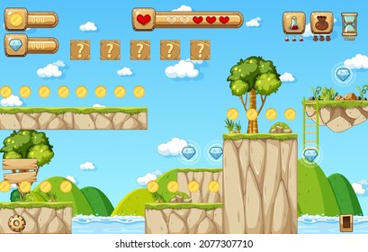 Ilustración de escena de bosque de plantillas de juego