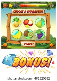 Game template with fresh fruit characters illustration