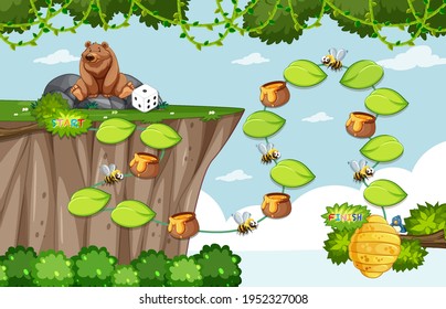 Game template with grizzly bear and bee on forest background illustration