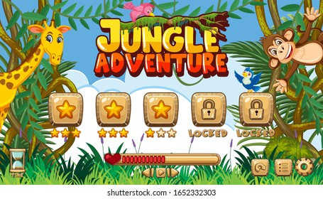 Game template for jungle adventure with many animals in jungle illustration