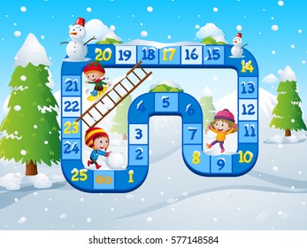 Game template with kids playing in snow background illustration