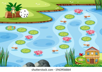 Game template with little frog and lotus leaf on swamp in the forest background illustration