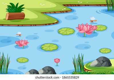 Game template with lotus leaf on swamp in the forest background illustration