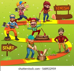 Game template with lumber jack characters in background illustration