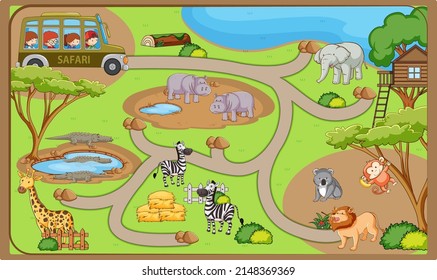 Game template with many animals in the zoo illustration