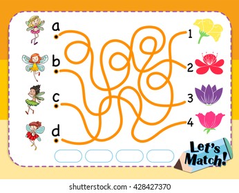 Game template for matching flower and fairies illustration
