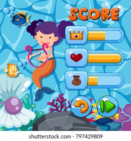 Plantilla de juego con sirena y pez en la ilustración de fondo