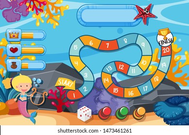 Game template with mermaid under and coral underwater illustration