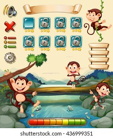 Plantilla de juego con monos a través de la ilustración del río