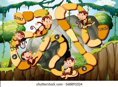 Game template with monkeys in the forest illustration