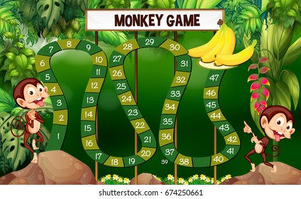 Game template with monkeys in forest illustration