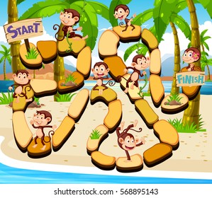 Plantilla de juego con monos en la playa, ilustración de fondo