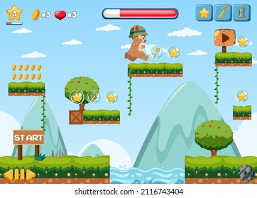 Ilustración de la escena de la naturaleza de una plantilla de juego