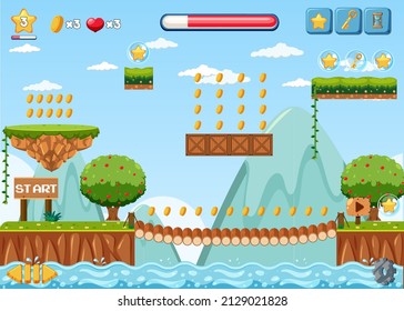 Ilustración de la escena de la naturaleza de una plantilla de juego