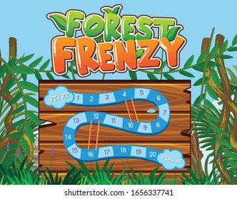 Game template with numbers on wooden board and jungle background illustration