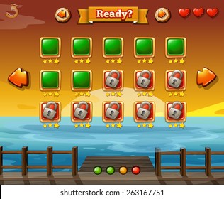 Game template with ocean at sunset background
