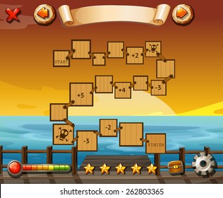 Plantilla de juego con vista al océano y puesta de sol