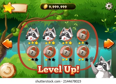 Game template with raccoon in forest illustration