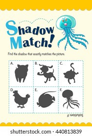 Plantilla de juego con ilustración de medusas coincidentes con sombras