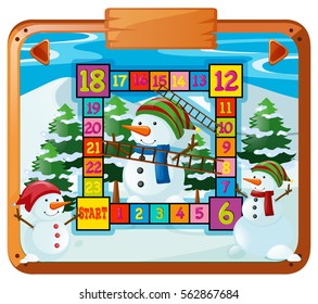Game template with snowman and pine trees illustration
