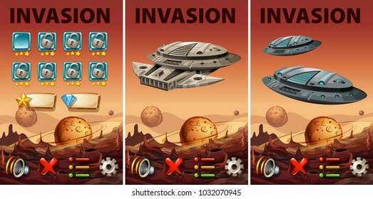 Plantilla de juego con ilustración de tema de invasión espacial