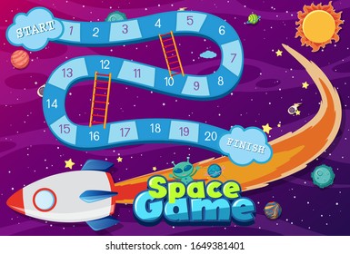 Plantilla de juego con vuelo de nave espacial en la ilustración de fondo espacial