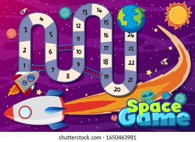 Game template with spaceship flying in the space background illustration