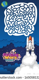 Game template with spaceship flying in space background illustration
