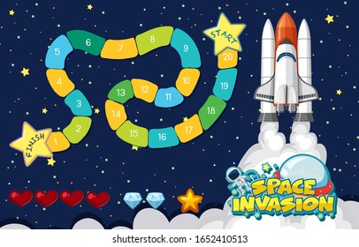 Game template with spaceship flying in space background illustration