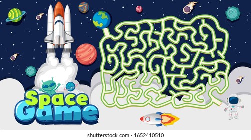 Game template with spaceship and many planets in background illustration