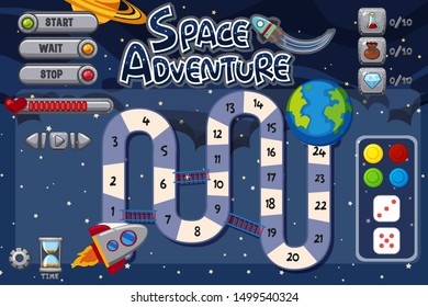 Game template with spaceship riding to earth illustration