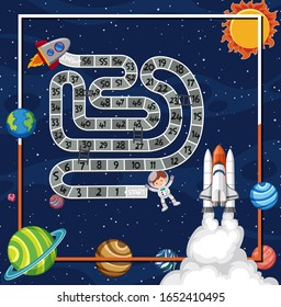 Game template with spaceship slying in space background illustration