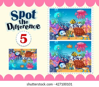Game template of spot the difference underwater illustration