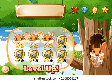 Game template with squirrel in forest illustration