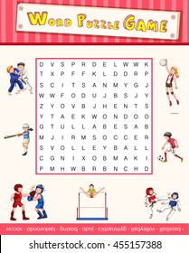 Game template with word puzzle about sports illustration