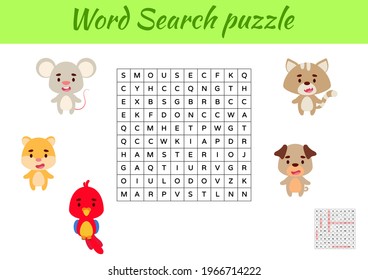 Game template word search puzzle of animals for children with pictures. Kids activity worksheet printable version. Educational game for study English words. Includes answers. Vector stock illustration