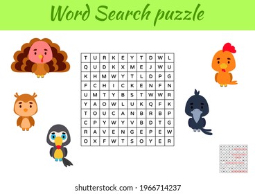 Game template word search puzzle of animals for children with pictures. Kids activity worksheet printable version. Educational game for study English words. Includes answers. Vector stock illustration