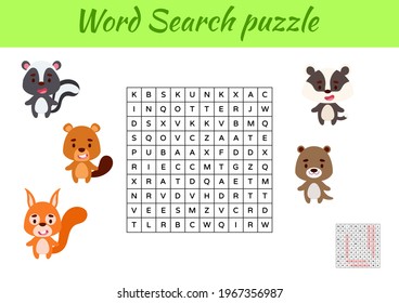 Game template word search puzzle of animals for children with pictures. Kids activity worksheet printable version. Educational game for study English words. Includes answers. Vector stock illustration