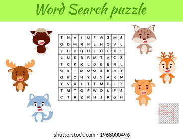 Game template word search puzzle of animals for children with pictures. Kids activity worksheet printable version. Educational game for study English words. Includes answers. Vector stock illustration