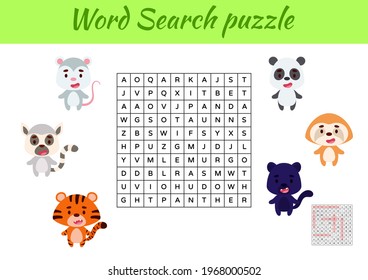 Game template word search puzzle of animals for children with pictures. Kids activity worksheet printable version. Educational game for study English words. Includes answers. Vector stock illustration