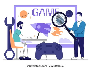 Game testers team. Man and woman with gamepad near monitor screen. Programmers and IT specialists check code for video games and arcades. Linear vector illustration isolated on white background