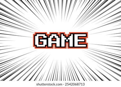 GAME text on speed line. pixel art .8 bit game. retro game. for game assets in vector illustrations on white background.