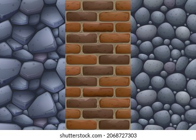 Game texture stones, pebbles and brick wall seamless pattern, cartoon background of rock road or floor, cobble pavement material textured surface, graphic design templates, Vector illustration