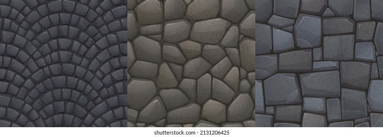 Game texture stones  pebbles  rock wall seamless pattern  Cartoon background rocky road floor  cobble pavement material textured surface  graphic design templates for landscaping  Vector set
